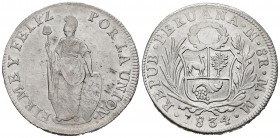 Perú. 8 reales. 1834. Lima. MM. (Km-142.3). Ag. 26,46 g. Limpiada. MBC-. Est...35,00. /// ENGLISH: Peru. 8 reales. 1834. Lima. MM. (Km-142.3). Ag. 26,...