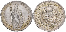 Perú. 8 reales. 1838. Lima. Estado Nor Peruano. MB. (Km-155). Ag. 26,72 g. Escasa. MBC+/EBC-. Est...90,00. /// ENGLISH: Peru. 8 reales. 1838. Lima. (N...
