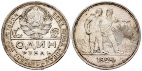 Rusia. 1 rouble. 1924. Leningrado. (Km-Y60.1). Ag. 20,07 g. Golpecitos. EBC-. Est...60,00. /// ENGLISH: Russia. 1 rouble. 1924. Leningrad. (Km-Y60.1)....