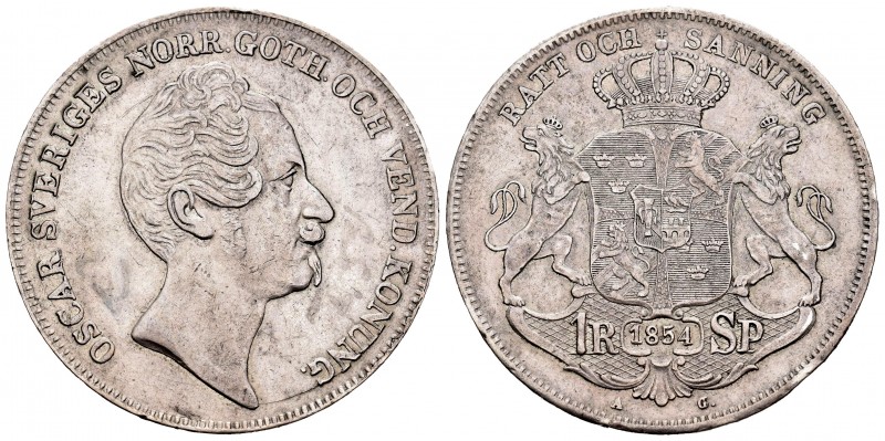 Suecia. Oscar I. 1 rigsdaler specie. 1854. (Klein-667). (Dav-354). Ag. 33,95 g. ...