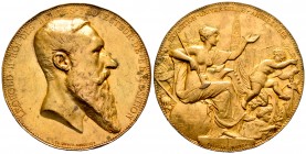 Bélgica. Leopold II. Medalla. 1885. Amberes. (W.T.-5108). Ae. 88,91 g. Exposición Universal. Grabador: Wiener. Golpes en el canto. 60 mm. MBC+. Est......