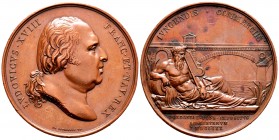 Francia. Louis XVIII. Medalla. 1820. (Collignon-164-3). Ae. 61,95 g. Construcción del puente sobre el Dordoña en Libourne. Rayitas y golpe en el canto...