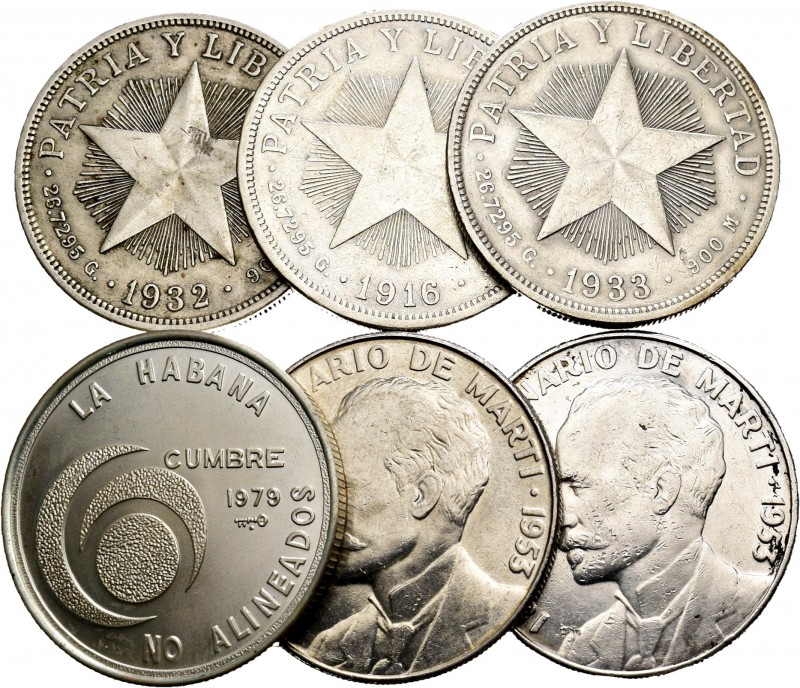 Cuba. Lote de 6 piezas de Cuba, 5 de 1 peso 1916, 1932, 1933, 1935 (2) y 1 de 20...