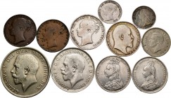 United Kingdom. Lote de 11 monedas de Gran Bretaña, 9 de plata y 2 de cobre. A EXAMINAR. Choice F/Choice VF. Est...100,00.