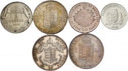 Hungary. Lote de 6 monedas de Hungría, 1 florín 1869, 1879, 1881, 2 coronas 1912, 20 krajczar 1848 y 1 pengo 1938. A EXAMINAR. VF/Almost XF. Est...90,...