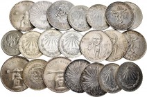 Mexico. Lote de 21 piezas mexicanas, 3 de 8 reales 1862 Zacatecas, 1863, Zacatecas, 1880 México, 9 de 1 peso 1924, 1932 (3), 1933 (2), 1943, 1947, 195...
