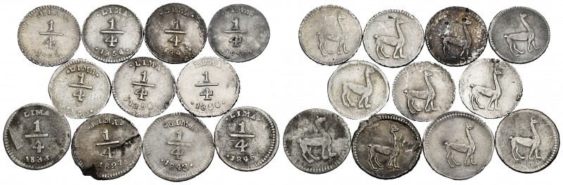 Peru. Lote de 11 monedas de Perú de 1/4 de real de Lima, 1827, 1833, 1843, 1846,...