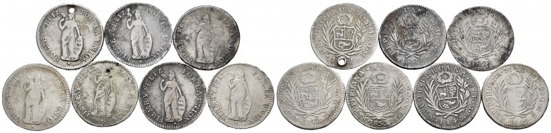 Peru. Lote de 7 monedas de Perú de 1 real de Lima, 1827, 1828, 1840, 1842, 1849,...