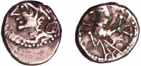 Allobroges - Denier à l’hippocampe (200-100 av. J.-C.)
A/ Tête casquée à gauche .
R/ Hippocampe à gauche. 
TTB
LT.2924-BN.2923-2934
Ar ; 2.32 gr ...