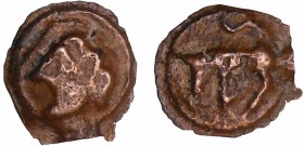 Turons - Potin "à la tête diabolique" (100-50 av. J.-C.)
A/ Tête à gauche.
R/ Taureau à gauche.
TTB
LT.-BN.5684
Pot ; 2.92 gr ; 16 mm