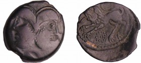 Suessions - Bronze à la tête janiforme (50-40 av. J.-C.)
A/ Anépigraphe. Tête janiforme barbue et casquée. 
R/ Anépigraphe. Lion debout à gauche. An...