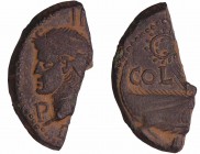 Agrippa et Auguste - 1/2 As (10-14 av. J.-C., Nîmes)
A/ IMP DIVI F P P. Têtes adossées d'Auguste tête nue, et d'Agrippa, la tête coiffée de la couron...