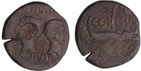 Agrippa et Auguste - As (10-14 av. J.-C., Nîmes) avec contremarque DD
A/ IMP DIVI F Têtes adossées d'Auguste tête nue, et d'Agrippa, la tête coiffée ...