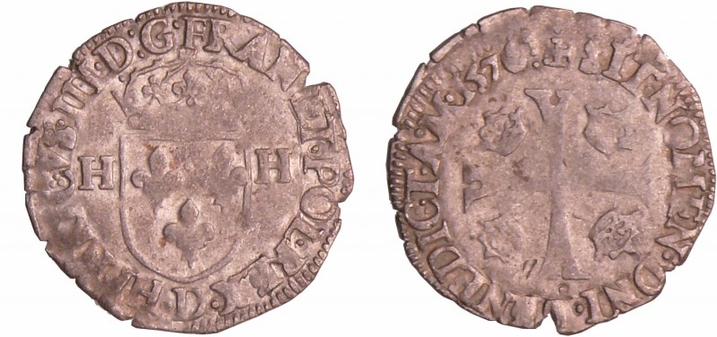 Henri III (1574-1589) - Douzain - 1er type - 1576 D (Lyon)
A/ HENRICVS III D G ...