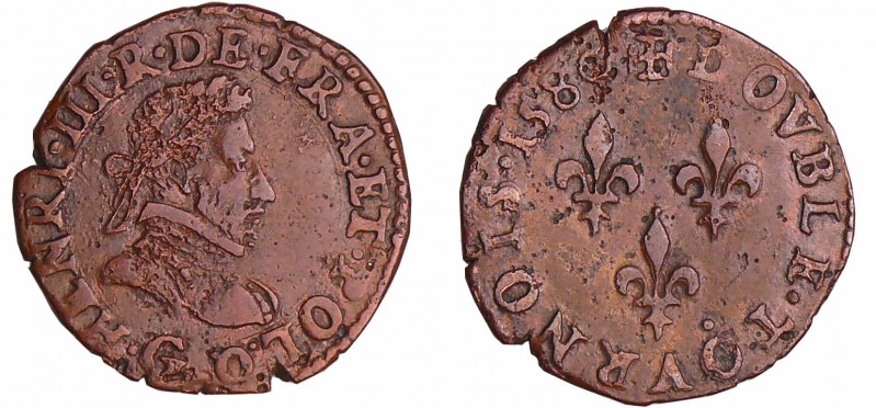 Henri III (1574-1589) - Double tournois - 1580 G (Poitiers)
A/ + HENRI. III. R....