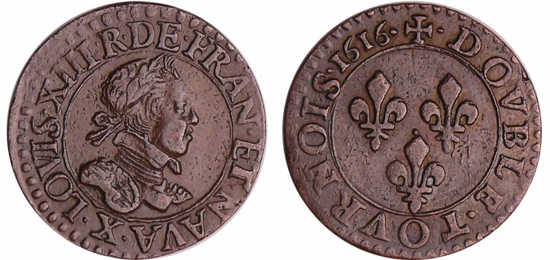 Louis XIII (1610-1643) - Double tournois au buste enfantin et col plat - 1616 X ...