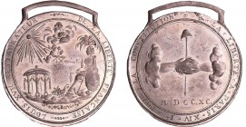 France - Révolution - Médaille pour la cérémonie de la fédération générale du 14 juillet 1790
SUP
Hennin.161
Etain ; 7.68 gr ; 35 mm
Avec bélière ...