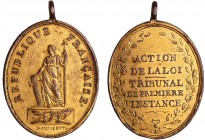 France - Révolution - Insigne les tribunaux de première instance ou d'arrondissement
SUP
Bronze doré ; 19.69 gr ; 44x33 mm
Avec bélière.