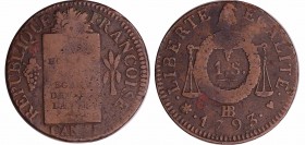 Convention (1792-1795) - Sol à la balance type FRANCOISE - An II - 1793 BB (Strasbourg)
TB
Ga.19
Cu ; 9.80 gr ; 29 mm