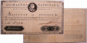 Assignat de 60 Livres (type 1) création du 19 juin 1791
Série 2A n°19241 signé NIEL.
TTB à Sup
Lafaurie.139
Manque dans le coin supérieur droit....