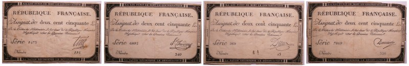 Lot de 4 Assignats de 250 Livres, création du 7 vendemiaire An II (28 septembre ...