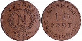 Napoléon 1er (1804-1814) - 10 centimes Siège d'Anvers 1814
TTB
Ga.192-VG.2332-F.130B
Br ; 23.48 gr ; 35 mm