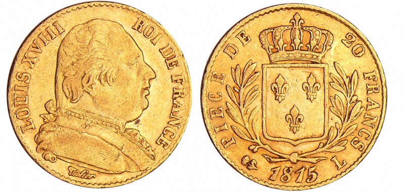 Louis XVIII (1815-1824) - 20 francs au buste habillé 1815 L (Bayonne)
TTB+
Ga....