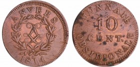 Louis XVIII (1815-1824) - 10 centimes Siège d'Anvers 1814 R (Wolschot)
TTB+
Ga.193-F130C
Br ; 23.70 gr ; 35 mm