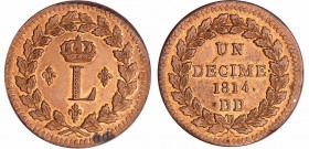 Louis XVIII (1815-1824) - Un décime Blocus de Strasbourg 1814 BB
SPL à FDC
Ga.196-F.132
Cu ; 19.77 gr ; 32 mm
Rarissime dans cet état.