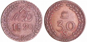 Louis XVIII (1815-1824) - Mines d'Aniche - 30 sous 1820
A/ M. D. / 1820 dans une couronne de feuillage ; marteau et pic en sautoir.
R/ 30 / . S dans...