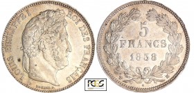 Louis-Philippe Ier (1830-1848) - 5 francs tête laurée 2ème type 1838 MA (Marseille)
PCGS AU 55
Ga.678-F.324
Ar ; 24.97 gr ; 37 mm
PCGS #31758901....