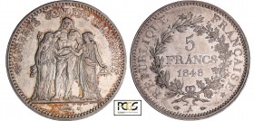 Deuxième république (1848-1852) - 5 francs Hercule 1848 A (Paris)
PCGS MS 61
Ga.683-F.326
Ar ; 24.99 gr ; 37 mm
PCGS #17239244