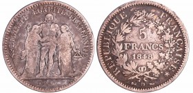 Deuxième république (1848-1852) - 5 francs Hercule 1848 D (Lyon)
TB
Ga.683-F.326
Ar ; 24.44 gr ; 37 mm
