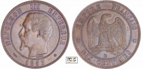 Napoléon III (1852-1870) - 10 centimes tête nue 1853 BB (Strasbourg)
PCGS MS 62 BN
Ga.248-F.133
Br ; 10.02 gr ; 30 mm
PCGS # 83890609.