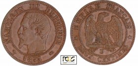 Napoléon III (1852-1870) - 2 centimes tête nue 1853 D (Lyon) grand D
PCGS AU 55
Ga.103-F.107
Br ; 1.95 gr ; 20 mm
PCGS # 83890624.