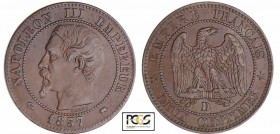 Napoléon III (1852-1870) - 2 centimes tête nue 1857 D (Lyon) grand D - petit lion
PCGS AU 50
Ga.103-F.107
Br ; 1.92 gr ; 20 mm
PCGS # 83890645.