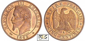 Napoléon III (1852-1870) - 5 centimes tête laurée 1862 A (Paris)
PCGS MS 64 RB
Ga.155-F.117
Br ; 5.02 gr ; 25 mm
PCGS #31758939.