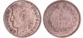 Gouvernement de défense nationale (1870-1871) - 5 francs Cérès sans légende 1870 K (Bordeaux)
TTB
Ga.742-F.332/3
Ar ; 24.71 gr ; 37 mm