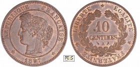 Troisième République (1871-1940) - 10 centimes Cérès 1897 A (Paris) torche
PCGS MS 63 BN
Ga.265-F.135
Br ; 9.95 gr ; 30 mm
PCGS # 83890623.
