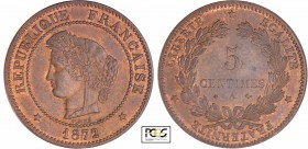 Troisième République (1871-1940) - 5 centimes Cérès 1872 A (Paris) grand A
PCGS MS 64 BN
Ga.157-F.118
Br ; 4.98 gr ; 25 mm
PCGS # 83890637.