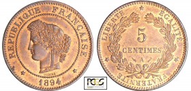 Troisième République (1871-1940) - 5 centimes Cérès 1894 A (Paris)
PCGS MS 64 RB
Ga.157-F.118
Br ; 4.95 gr ; 25 mm
PCGS #31758942.