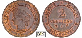 Troisième République (1871-1940) - 2 centimes Cérès 1894 A (Paris)
PCGS MS 63 BN
Ga.105-F.109
Br ; 2.06 gr ; 20 mm
PCGS # 83890648.