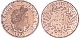 Troisième république (1871-1940) - 25 centimes 1881 A (Paris) essai flan rond
FDC
Maz.2245-EMPF 57.2
Maillechort ; 4.15 gr ; 24 mm