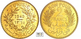 Tunisie - Mohamed El Habib, Bey (1922-1929) - 2 francs essai piéfort frappe médaille 1945
PCGS SP 64
Lecompte.296
Br-Al ; 15.45 gr ; 27 mm
Monnaie...