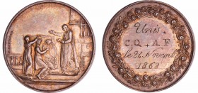 Jeton de mariage en argent - 1868
SUP
--
Ar ; 11.70 gr ; 30 mm
Sur le flan : UNIS C. QQ + A. F. LE 24 NOVEMBRE 1868
