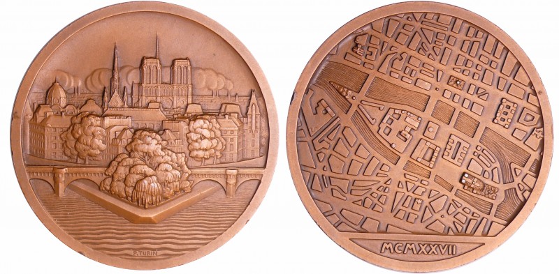 Paris île de la cité, vue de Notre Dame de Paris - Médaille - 1927, par P. Turin...