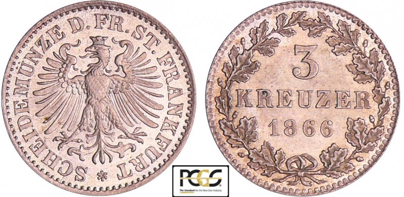 Allemagne - Frankfurt, Stadt - 3 kreuzer 1866
PCGS MS 65
AKS.24
Bill ; 1.17 g...