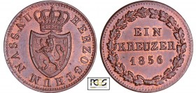 Allemagne - Nassau - Adolph (1839-1866) - Kreuzer 1856
PCGS MS 65+ BN
AKS.71
Cu ; 3.76 gr ; 21 mm