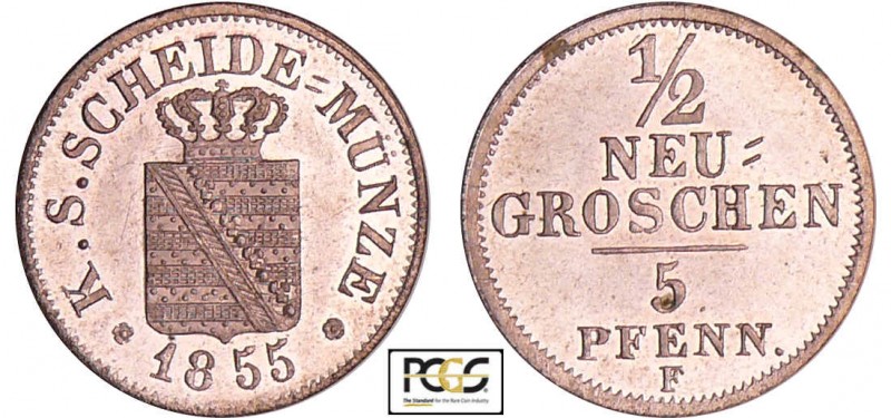 Allemagne - Sachsen - Johann (1854-1873) - 1/2 neugroschen 1855 F
PCGS MS 66
A...