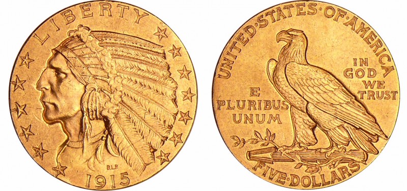 Etats-Unis - 5 dollars, Tête d'indien (Indian Head) 1915
SUP
Au ; 8.36 gr ; 22...